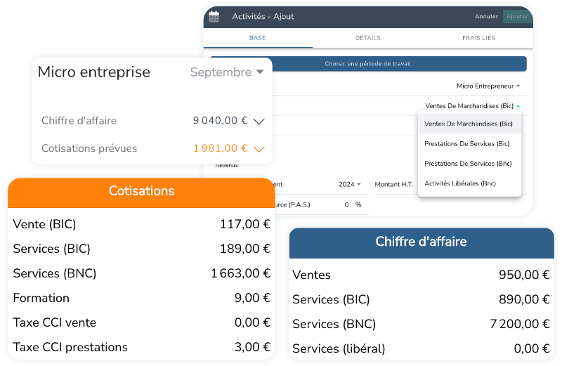 micro_entreprise Gérez également votre activité non salarié, en auto-entreprise : prestations de services (BNC, BIC), ventes de marchandises (BIC) et activités libérales (BNC).
