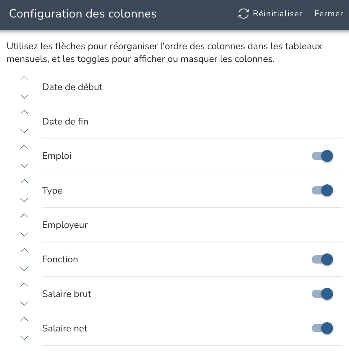 Configuration des colonnes