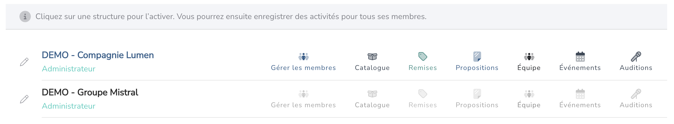 Liste des structures